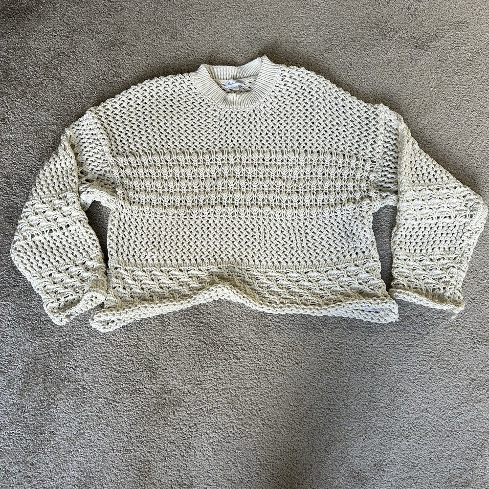 Bucket List Womens Boho Crochet Knit Cream Long Sleeve Sweater Crop  Medium